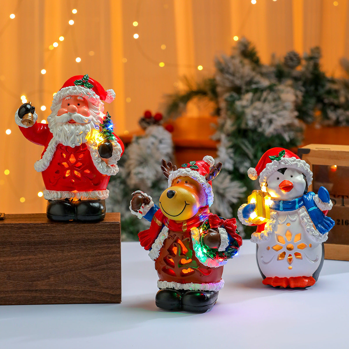LED Christmas Figurines Set with Santa, Reindeer and Penguin