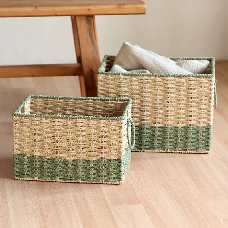 Two-Tone Woven Storage Organizer Basket with Side Handles | Paper Rope Bin for Toys and Blankets | 2 Sizes