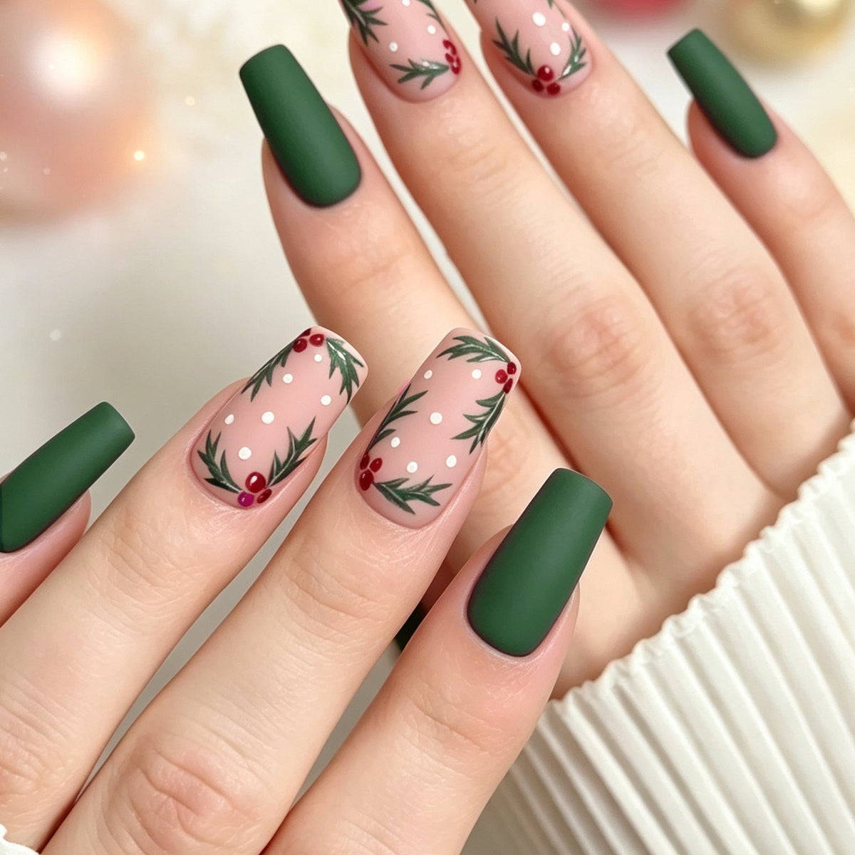 Christmas Press On Nails with Holly and Red Berry Design