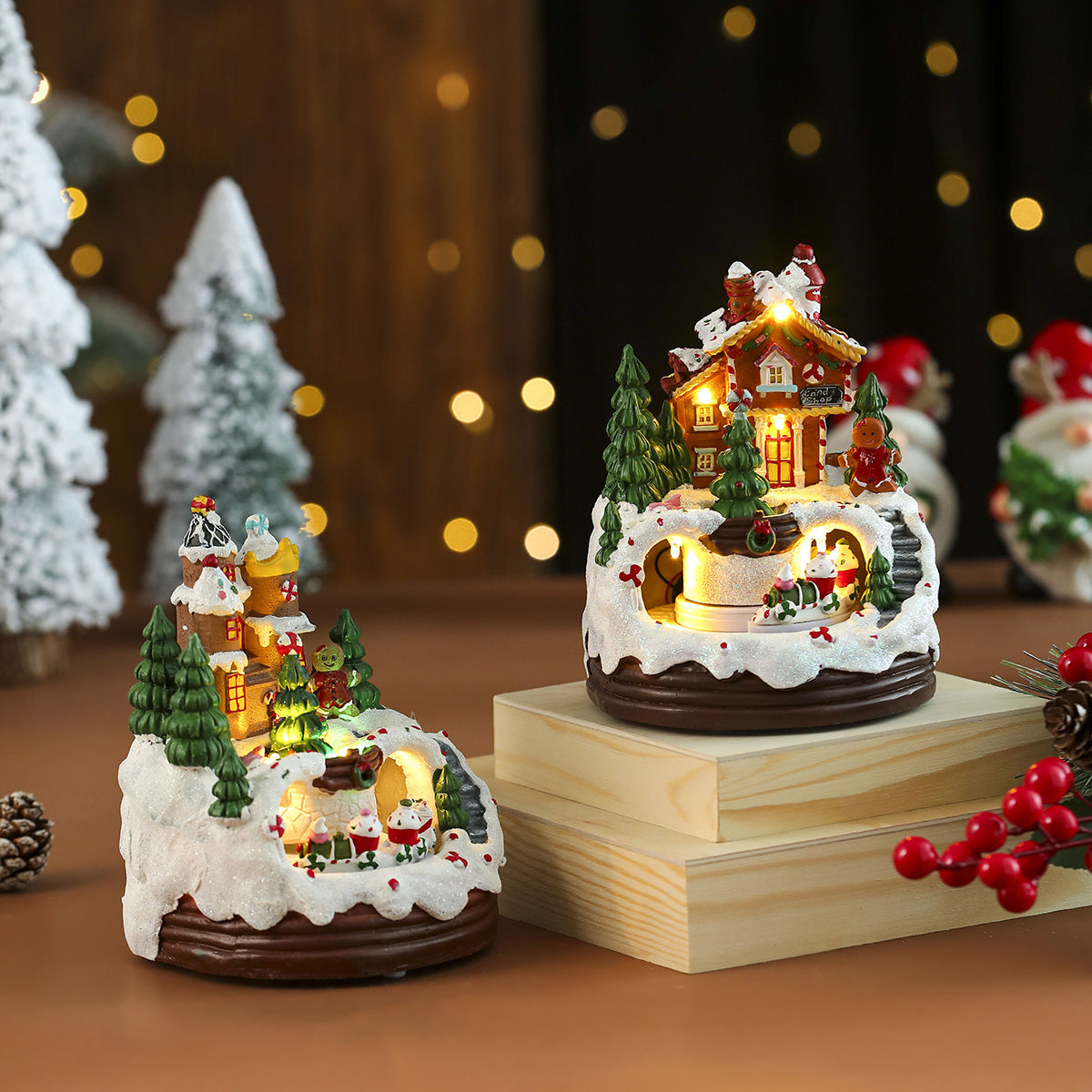 Christmas Village Figurines with Warm LED Lights and Details