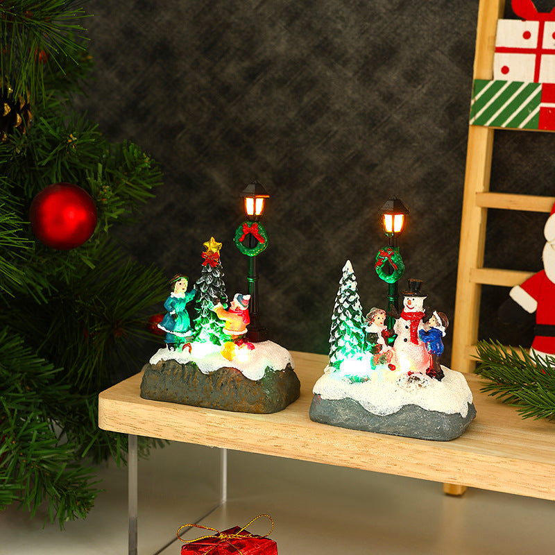 Light Up Christmas Village Figurines with Snowman and Lamp Post