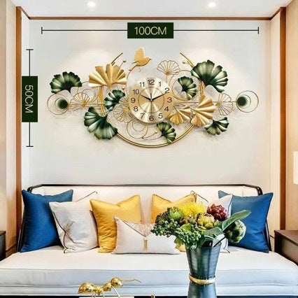 Large Wall Clock with Gold and Green Ginkgo Leaf Frame | 26 in Across for a Hallway or Living Room | 4 Finishes