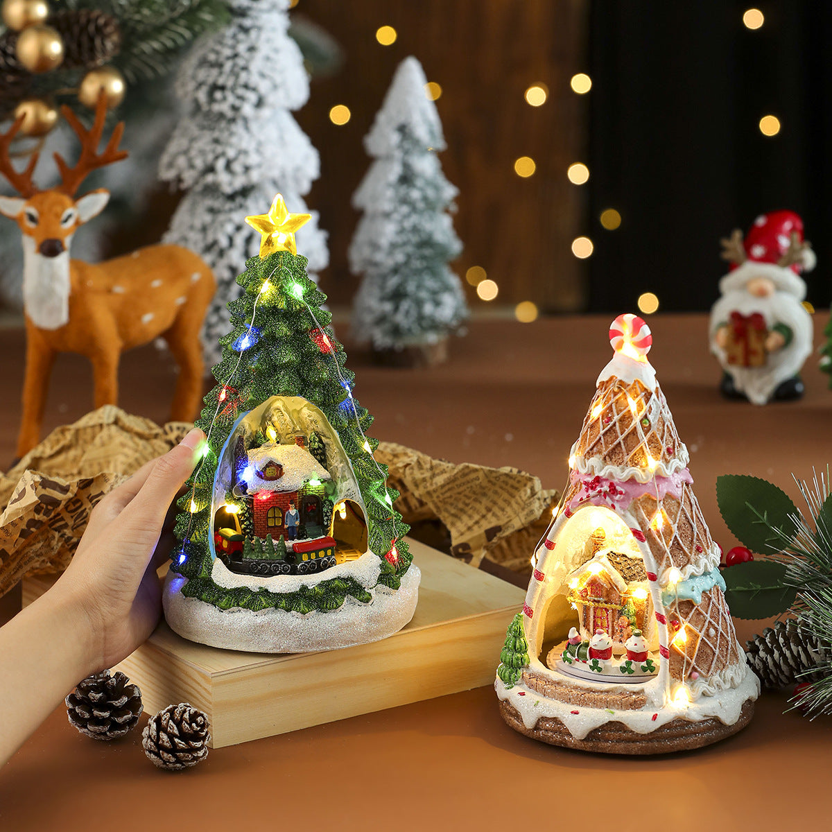 Light Up Christmas Tree Figurine with LED Lights and Village