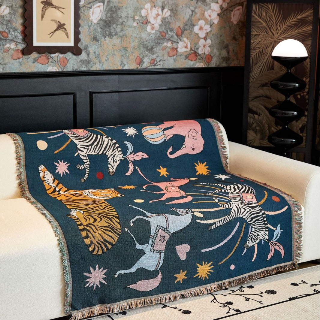 Woven Circus Animal Tapestry Warm Blanket with Knotted Fringe | Sofa Throw or Wall Piece | 2 Sizes