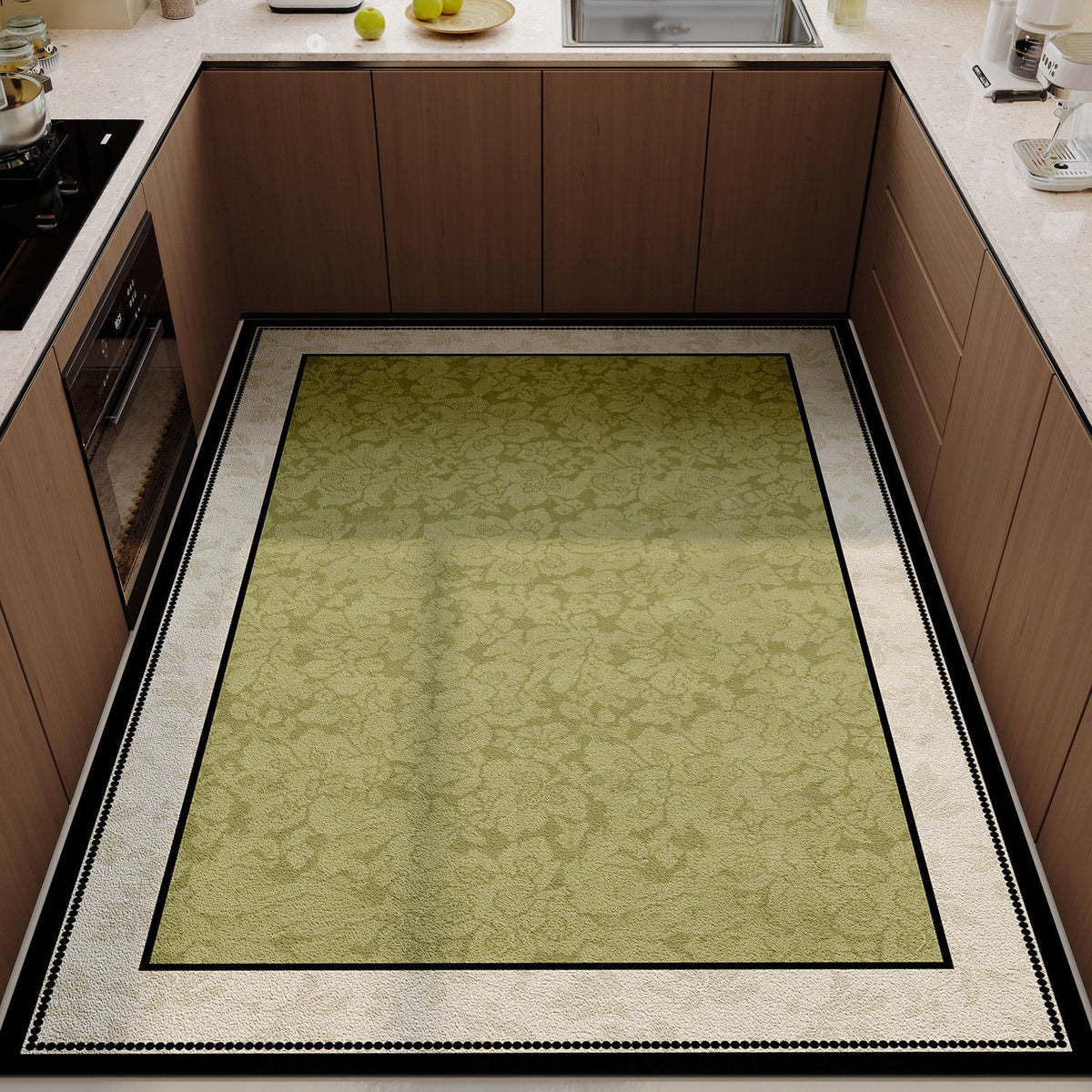 Floral Print Kitchen Rug with Non-Slip Backing | Soft Underfoot and Machine Washable | Green Moss Shades