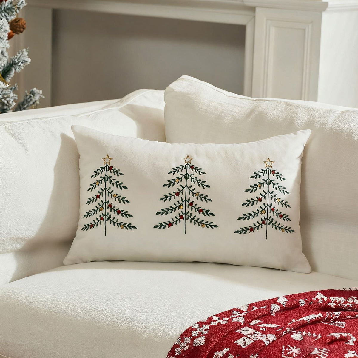 Embroidered Christmas Pillow Covers with Three Tree Design
