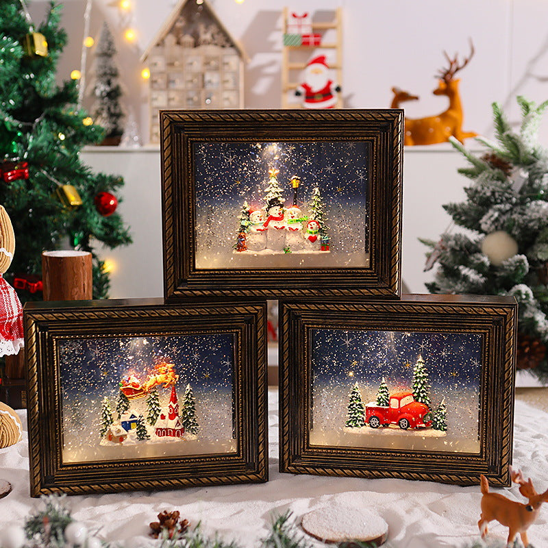 Lighted Snowman Christmas Decorations in a Vintage Frame