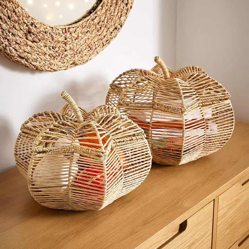 Handwoven Rattan Pumpkin Decor Basket with Curled Stem | Open Weave Bowl for Fruit or Display | Natural Finish