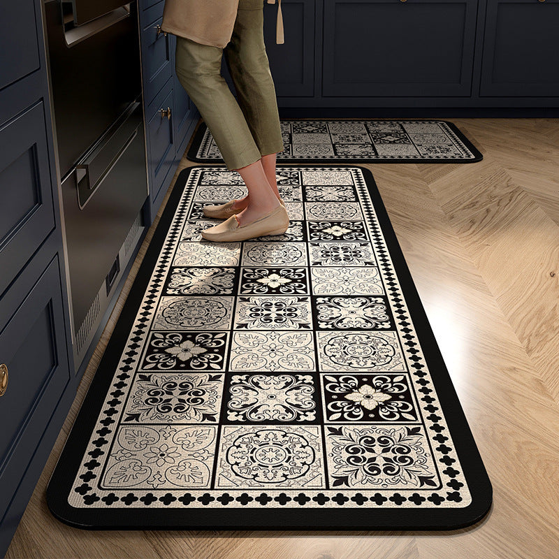 Cushioned Kitchen Rug Runner with Tile Print Border | Non-Slip Backing for Sink and Stove | 13 Designs