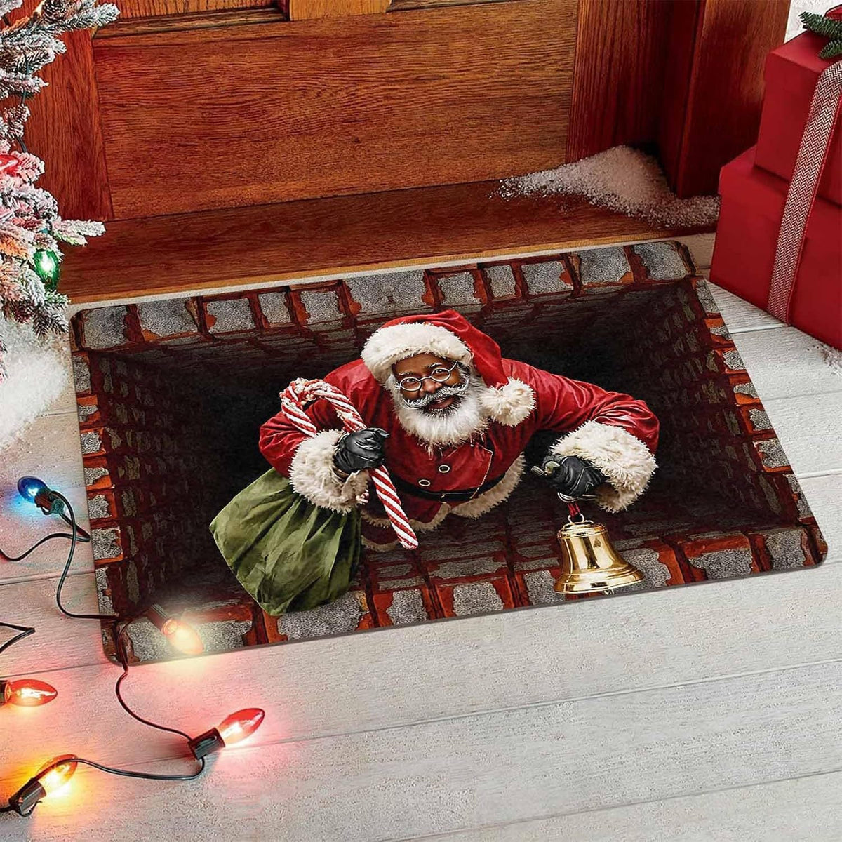 Christmas Door Mat Outside with Santa in Chimney Print