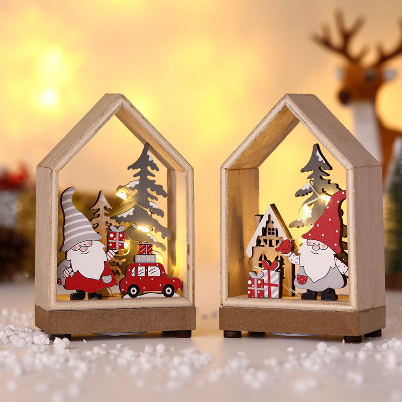 Wooden Christmas Lanterns with Santa, Red Car and LED Lights