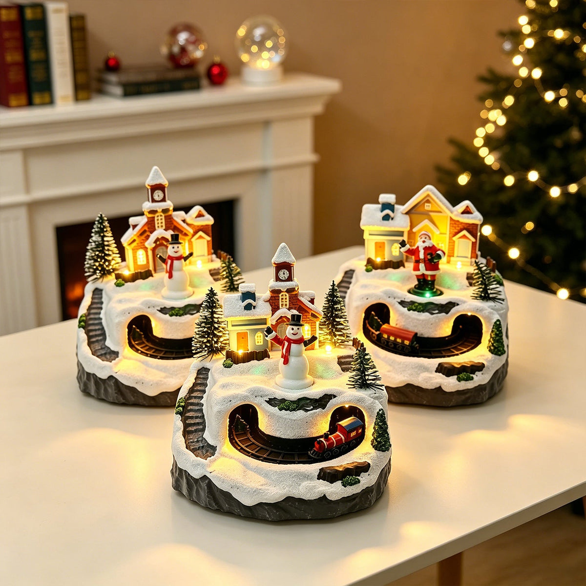 Light Up Christmas Village Set with Moving Train and Snowman
