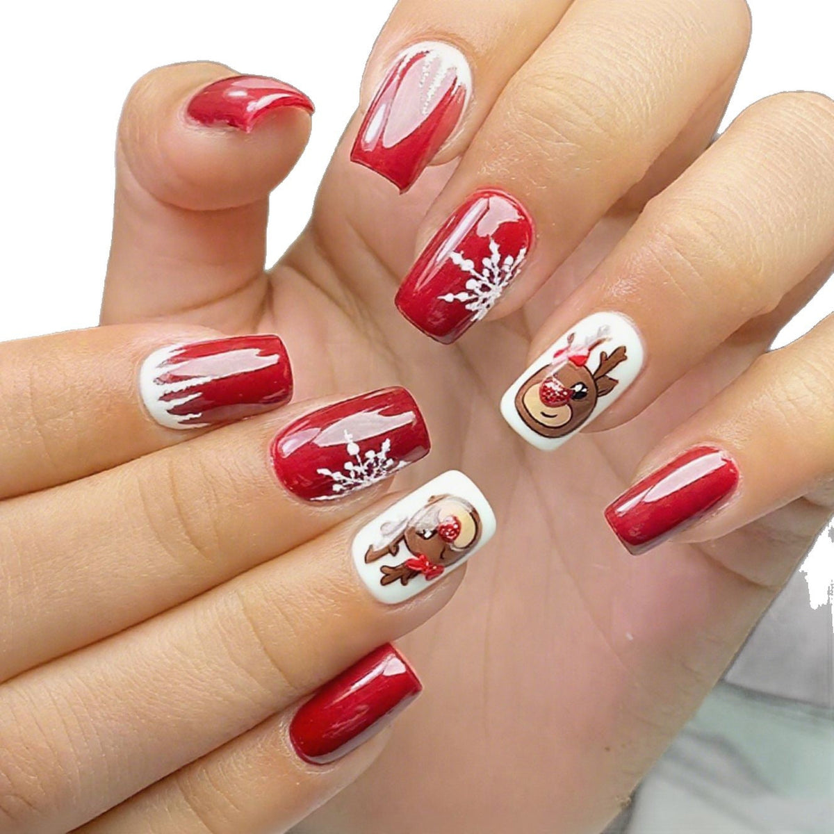 Christmas Press On Nails with Reindeer and Snowflake Designs