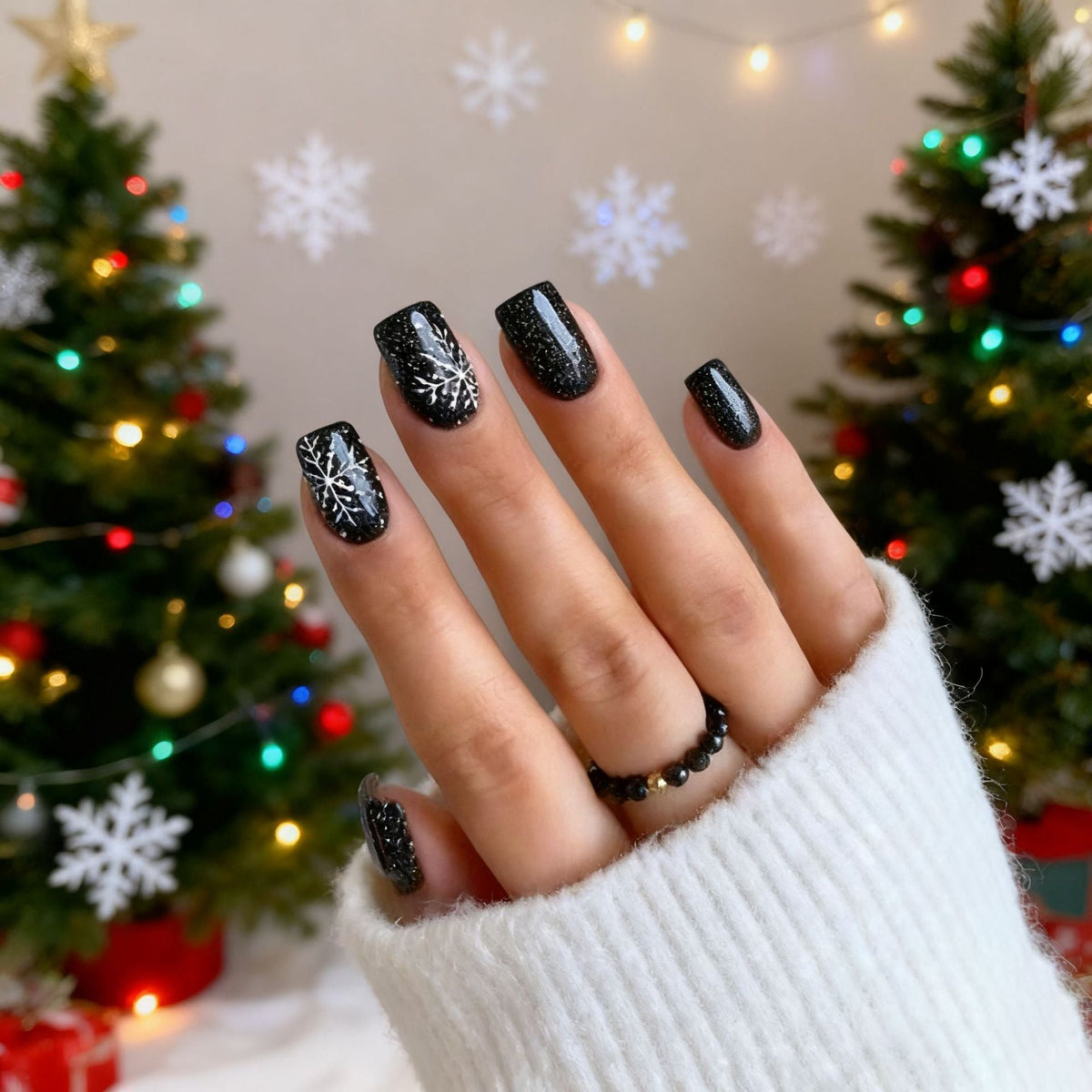 Christmas Press On Nails with Snowflake Designs and Glitter