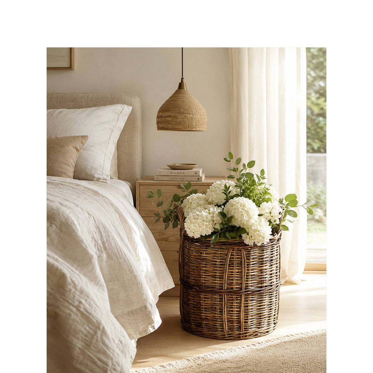 Woven Wicker Basket with Two Carry Handles | Laundry Storage for the Bedroom or Hallway | 13.4 in Across, 15 in Tall
