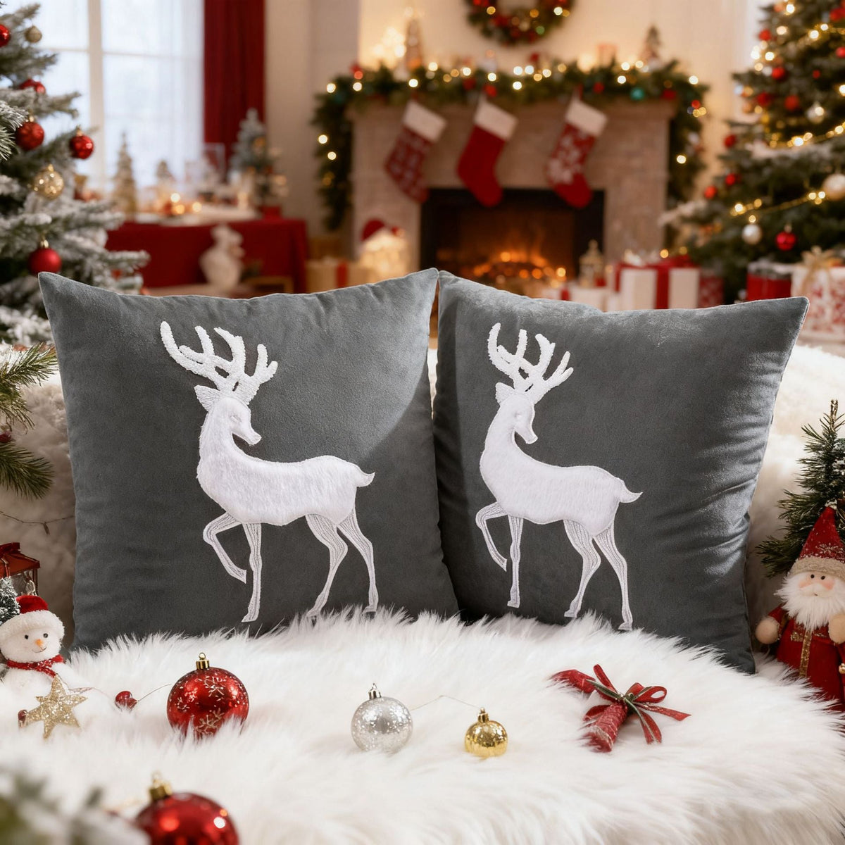 Velvet Throw Pillows with White Reindeer Appliqué Cover