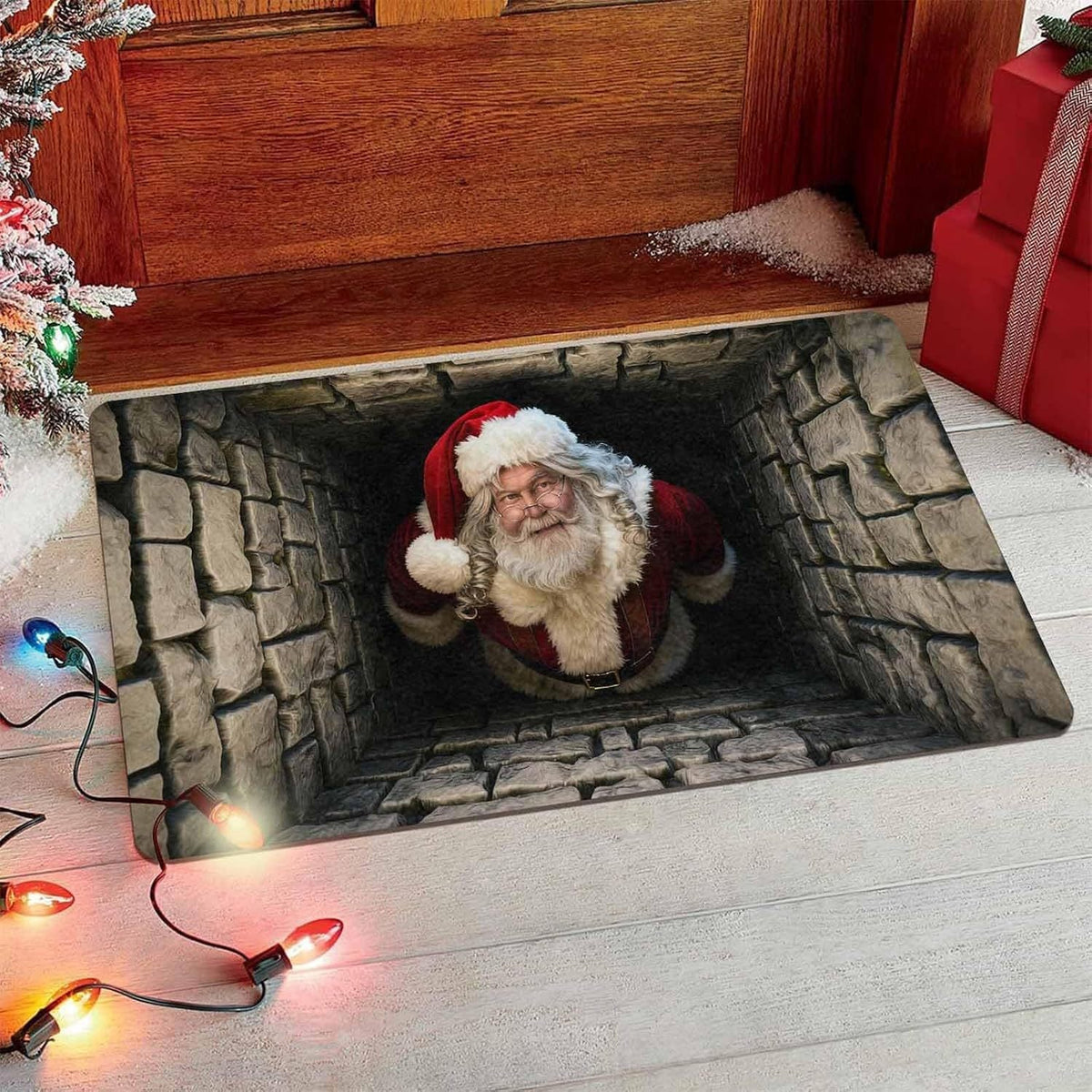 Christmas Door Mat Outside with Santa in Chimney Print