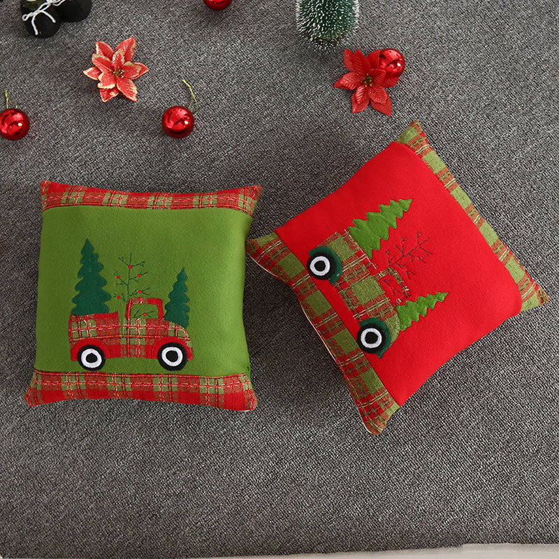 Christmas Throw Pillows with Embroidered Truck and Plaid Trim