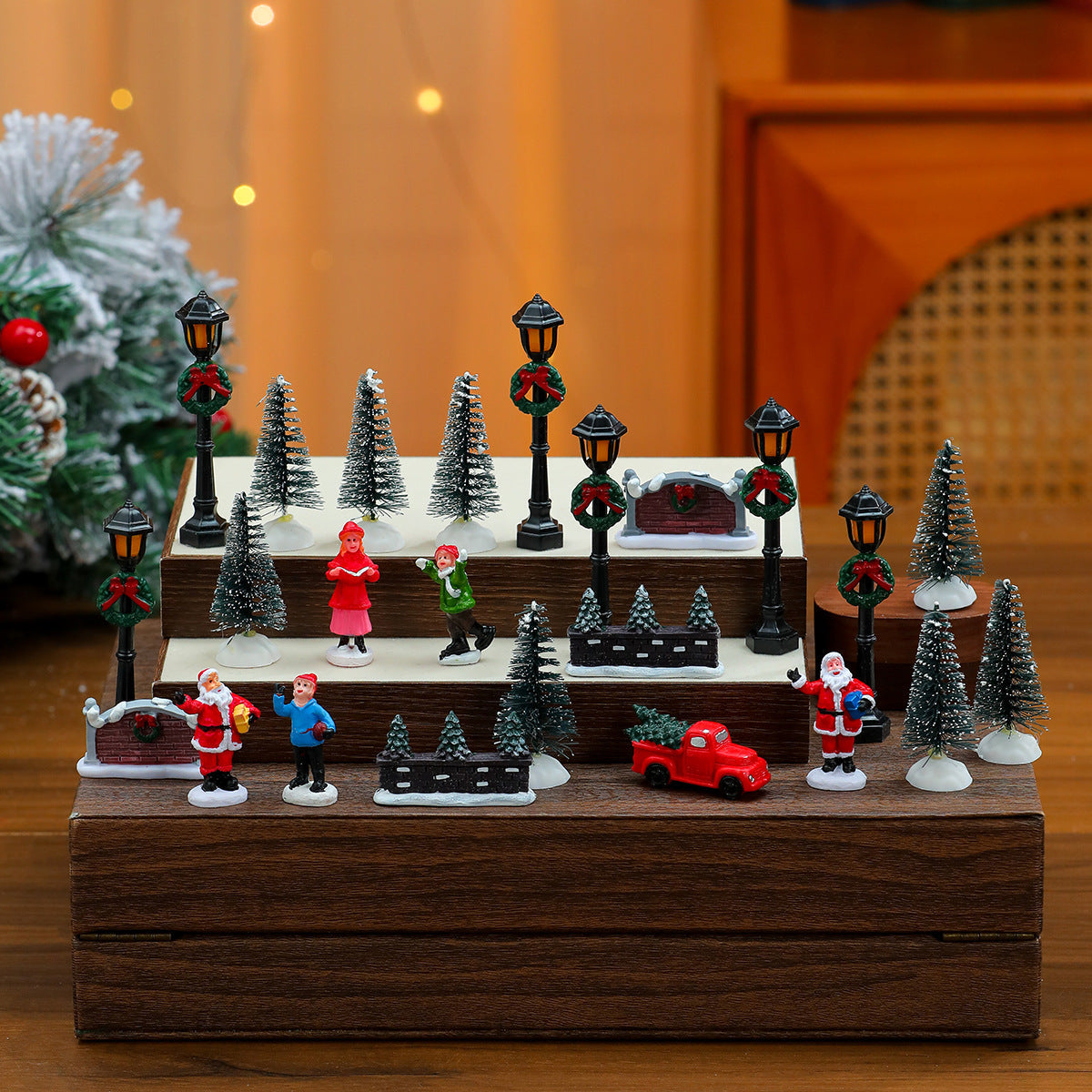Christmas Village Figurines Set with Street Lamps and Trees
