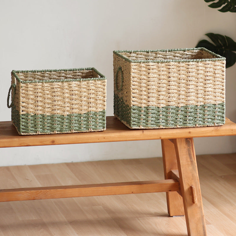 Two-Tone Woven Storage Organizer Basket with Side Handles | Paper Rope Bin for Toys and Blankets | 2 Sizes