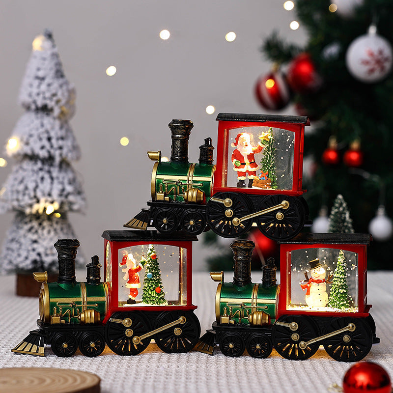 Lighted Christmas Train Ornaments with Santa and Snowman Scene