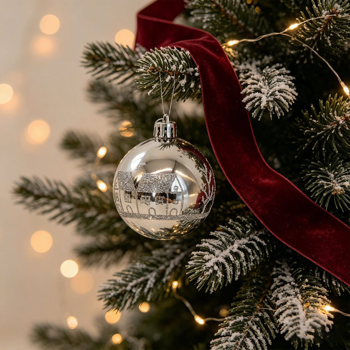 Red and White Christmas Tree Ornaments Set with Santa and Snowman