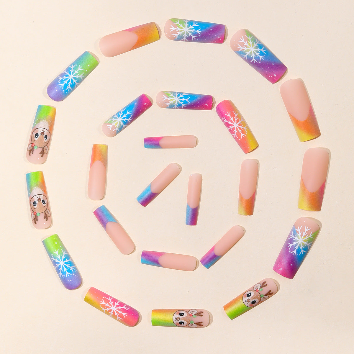 Rainbow Reindeer and Snowflake Press On Nails for Christmas