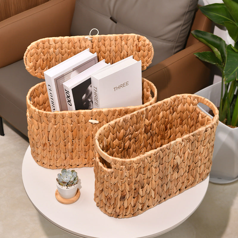 Handwoven Oval Basket with a Lift-Off Lid | Bathroom Storage for Toys and Blankets | 15.7 x 9 x 6.7 in