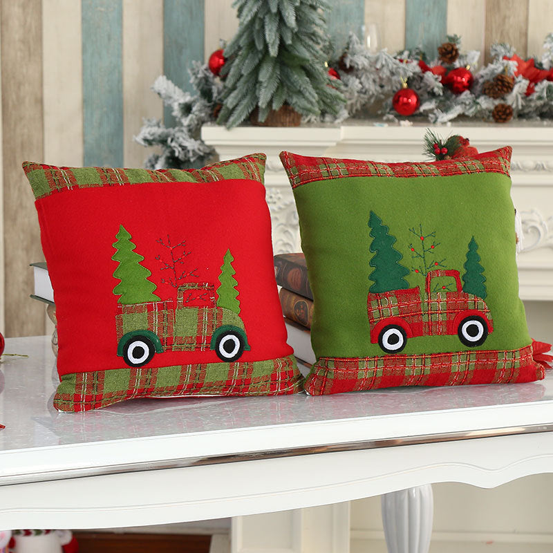 Christmas Throw Pillows with Embroidered Truck and Plaid Trim