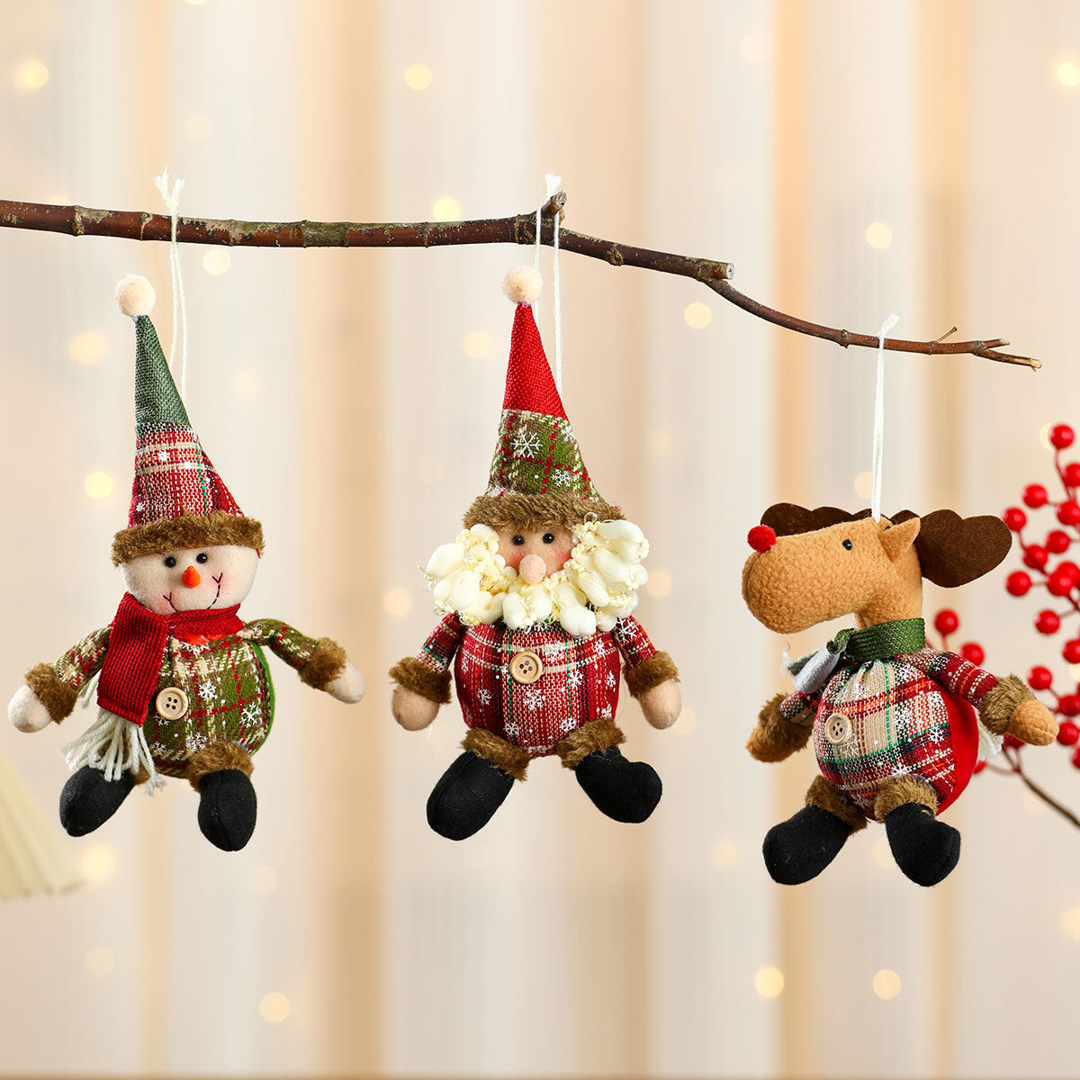 Plaid Santa, Snowman and Reindeer Christmas Tree Ornaments