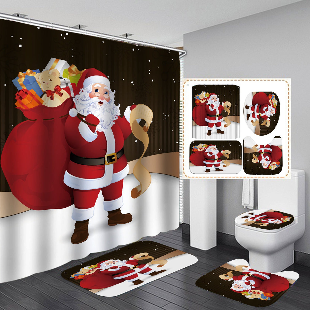 Christmas Shower Curtain Set with Santa and Snowman Bath Mats