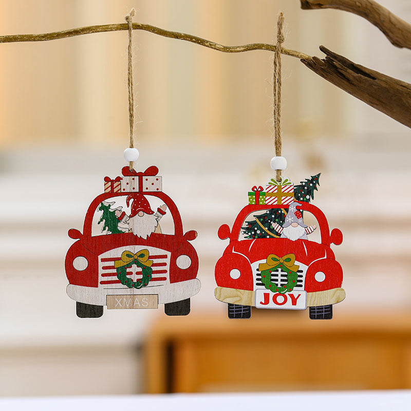 Wooden Christmas Tree Ornaments Set with Santa Gnome Car Design
