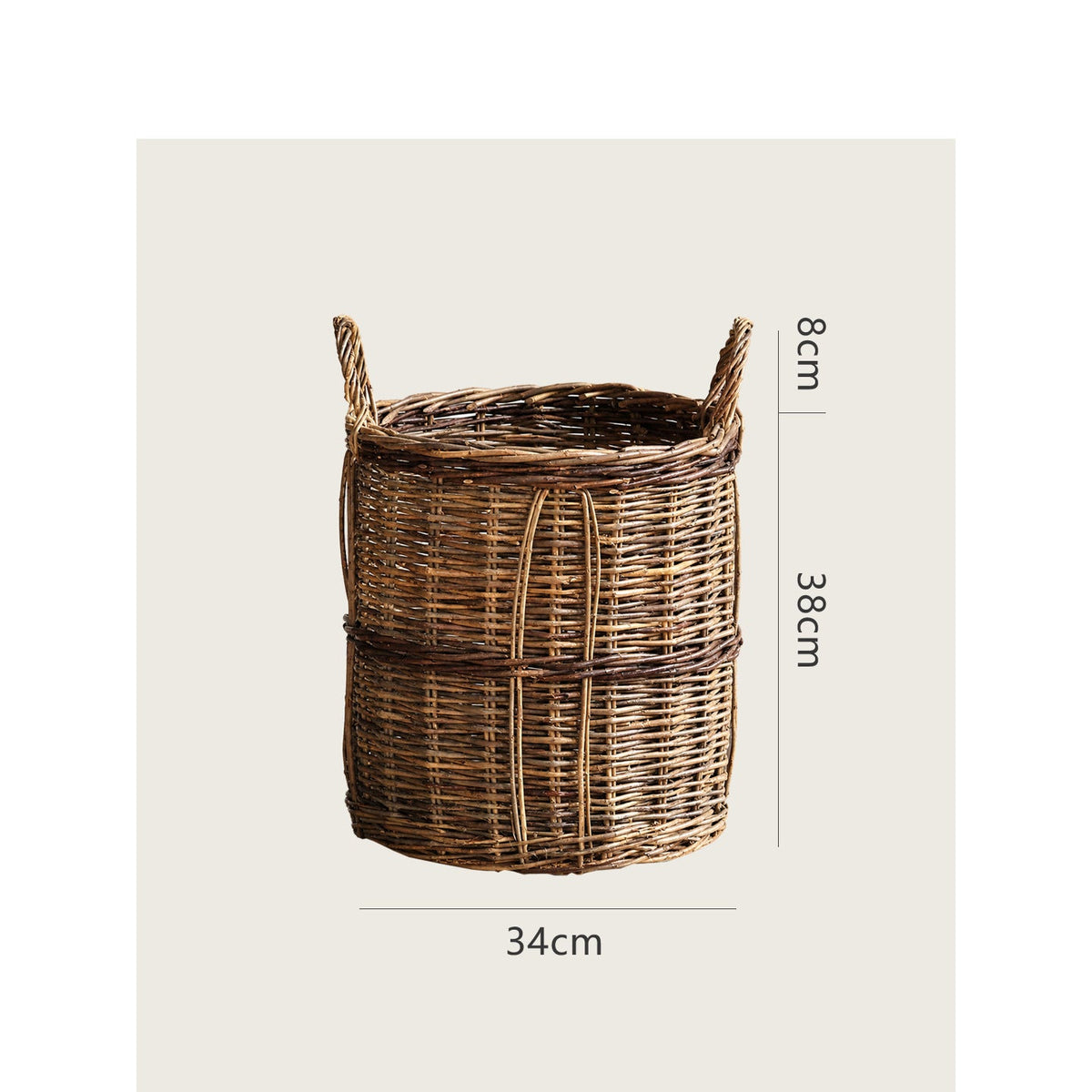 Woven Wicker Basket with Two Carry Handles | Laundry Storage for the Bedroom or Hallway | 13.4 in Across, 15 in Tall