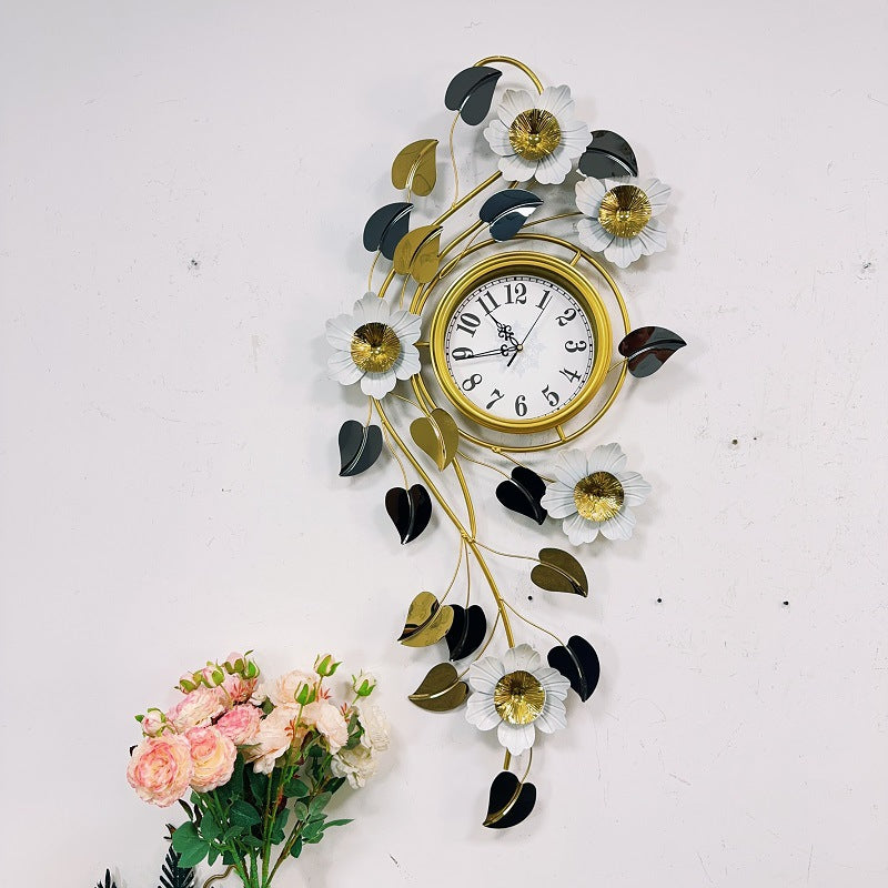 Floral Metal Wall Clock with Gold and White Blossoms | Decorative Art Piece with an Easy-Read Dial | 43 x 22 in