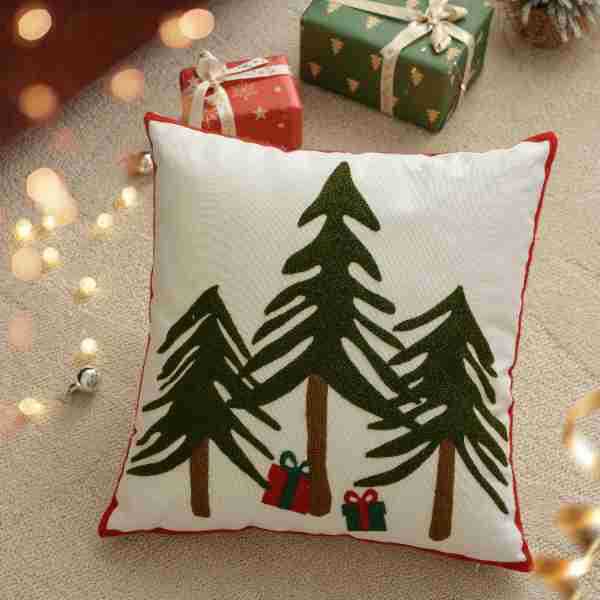 Christmas Pillow Covers with Embroidered Trees and Gift Boxes