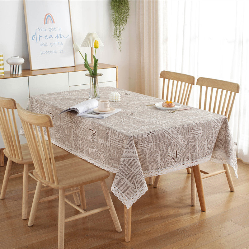 Lace Trimmed Tablecloth with Vintage Newspaper Print | Hard-Wearing Fabric for Daily Dining | 3 Sizes