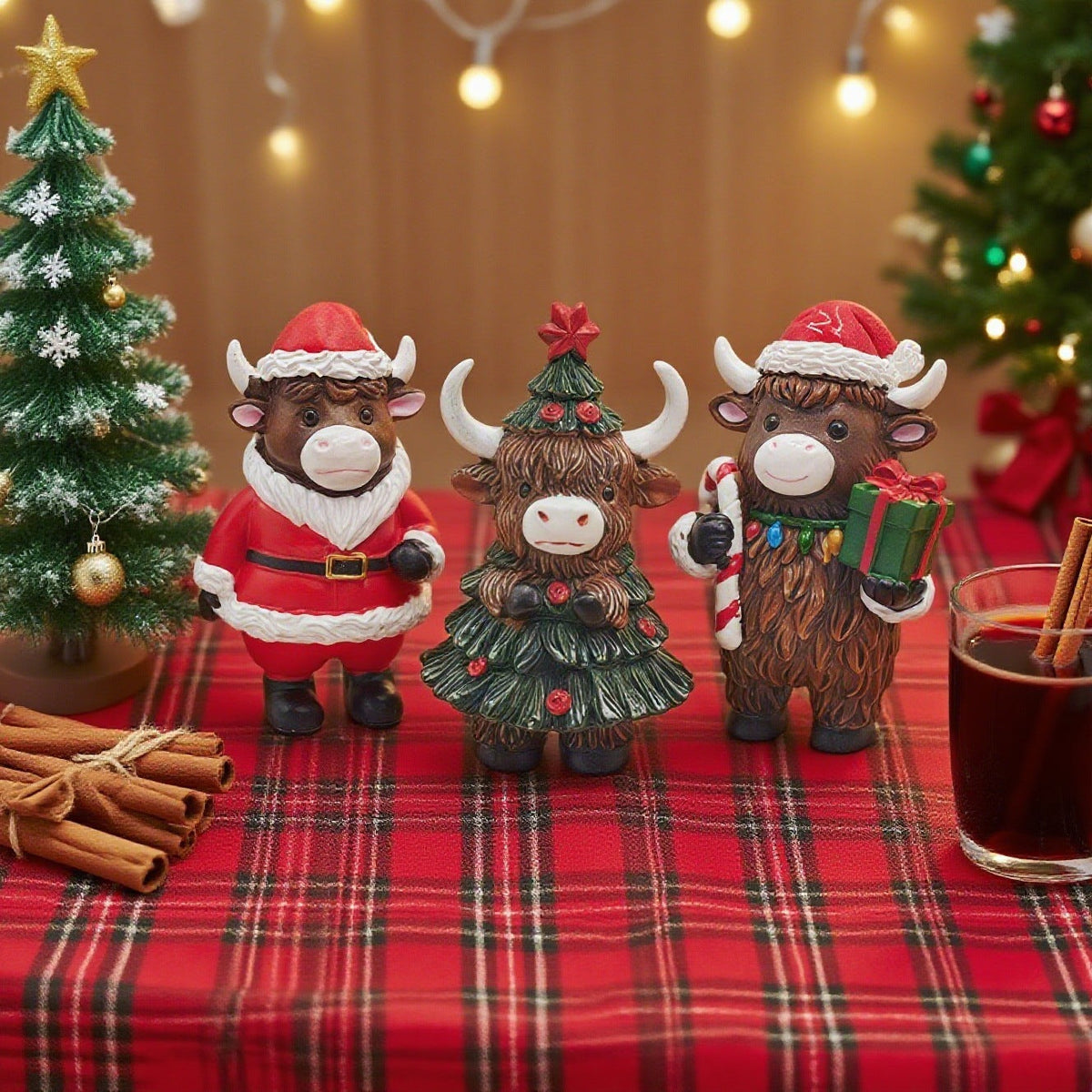 Highland Cow Christmas Figurines for Tabletop Holiday Decor