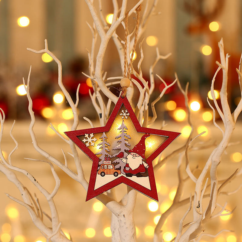 Wooden Light Up Christmas Tree Ornaments with Santa Scene