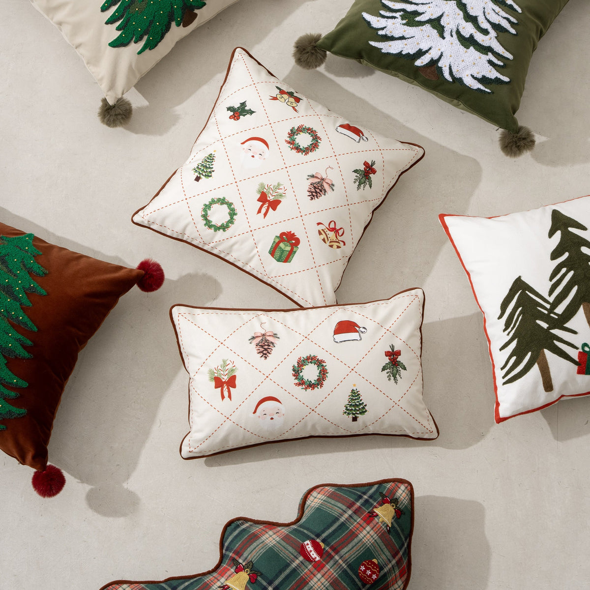 Christmas Pillow Covers with Embroidered Holiday Motifs