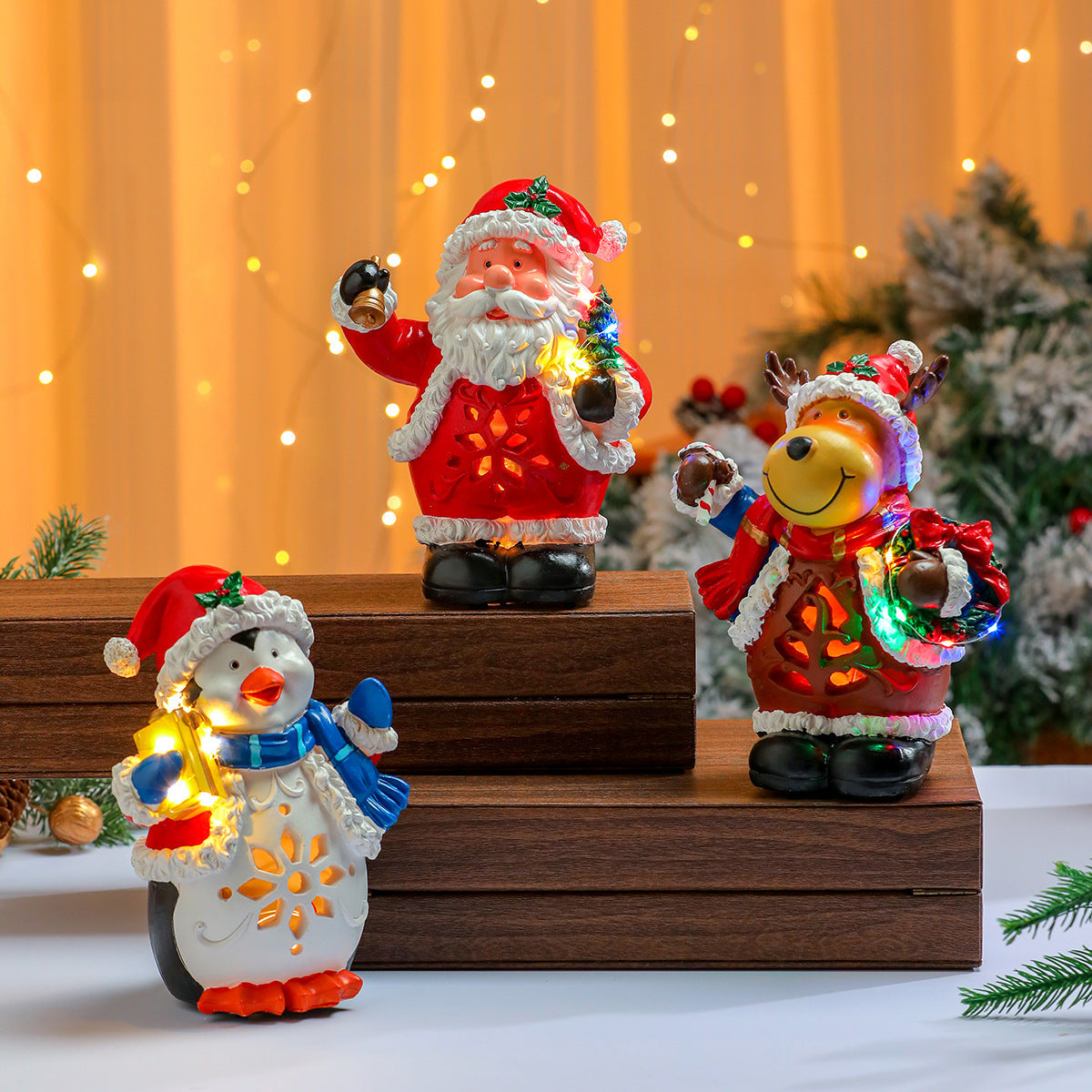 LED Christmas Figurines Set with Santa, Reindeer and Penguin