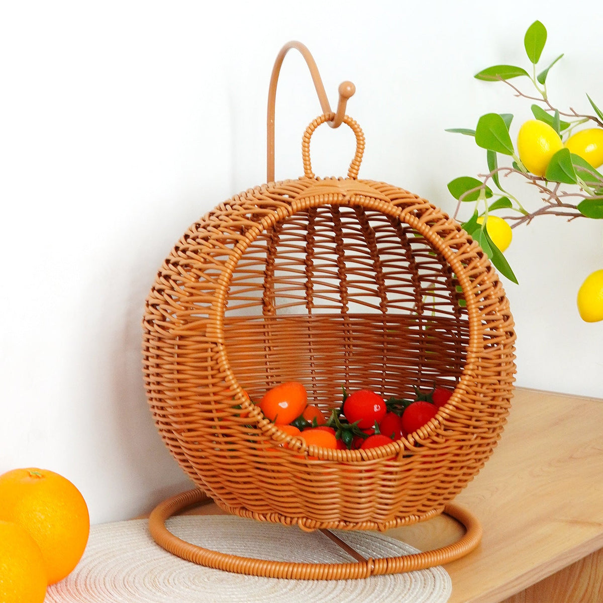 Woven Rattan Wall Basket Decor with Hanging Hook and Ring Stand | Open Front Shape | 2 Sizes, 2 Colors