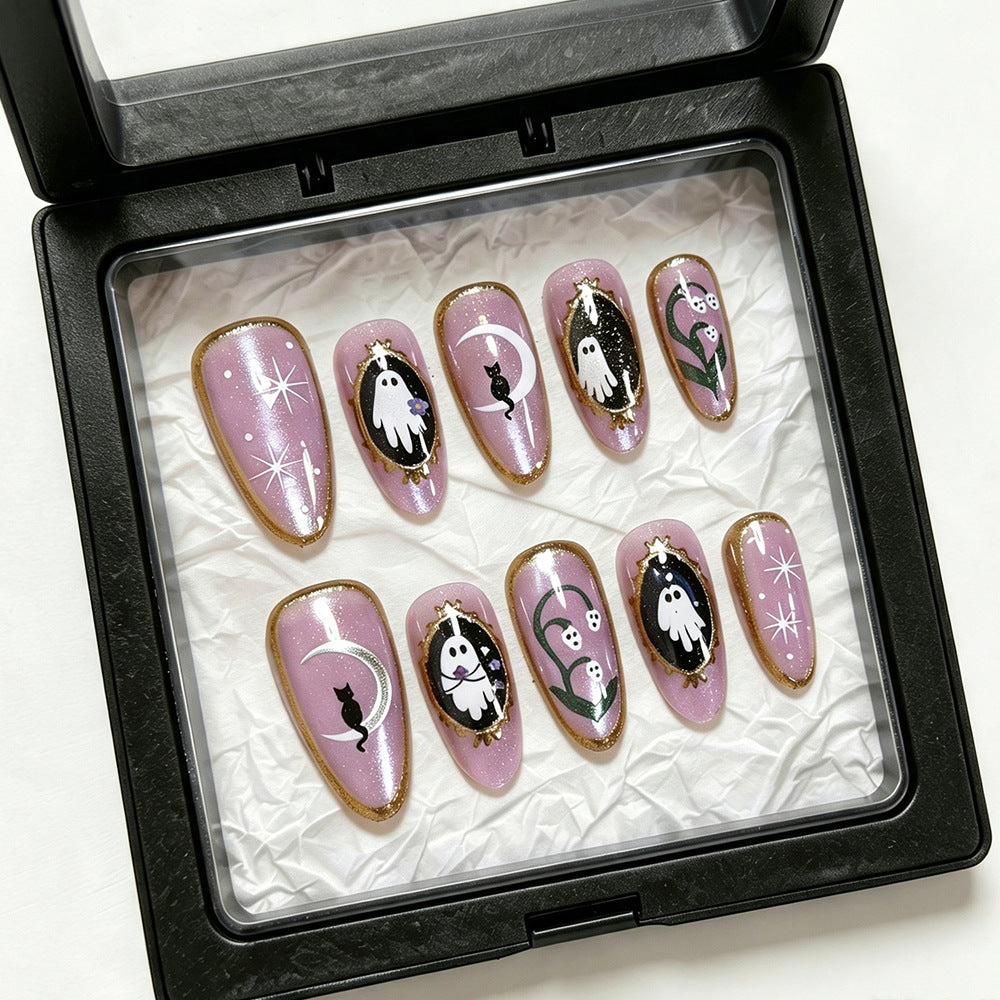 Halloween Press on Nails with Ghost and Cat Art | Almond Shape in Glitter Pink | Adhesive Tabs Included