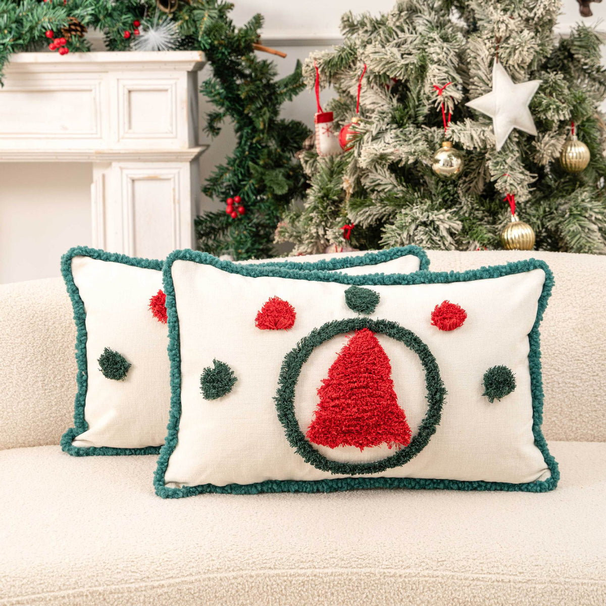 Christmas Throw Pillows Set with Tufted Holiday Tree Design