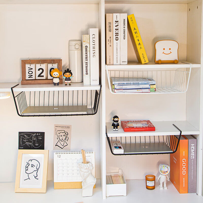 Under Shelf Wire Storage Organizer Basket | Slide-On Rack for Cabinets, Desks and Kitchen Shelves | 2 Colors, 2 Sizes
