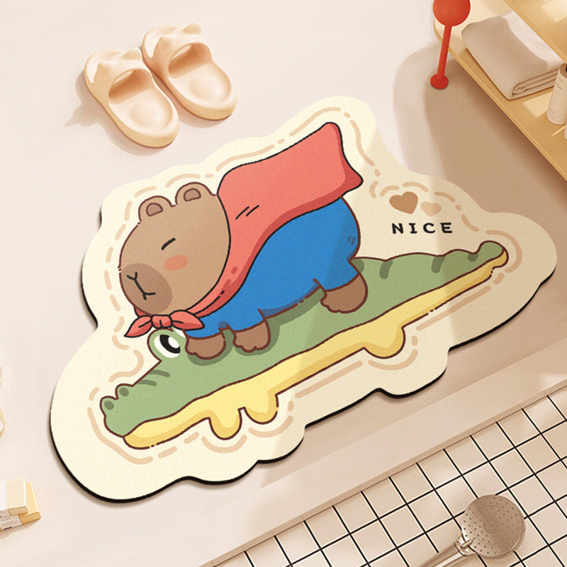 Cartoon Capybara Bath Mat with Non-Slip Backing | Machine Washable Rug for Kitchen or Play Area | One Size, 10 Designs
