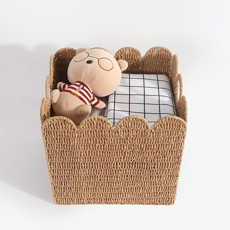 Scalloped Woven Basket with Side Handles | Stuffed Toy Storage for a Nursery or Living Room | Wipe Clean