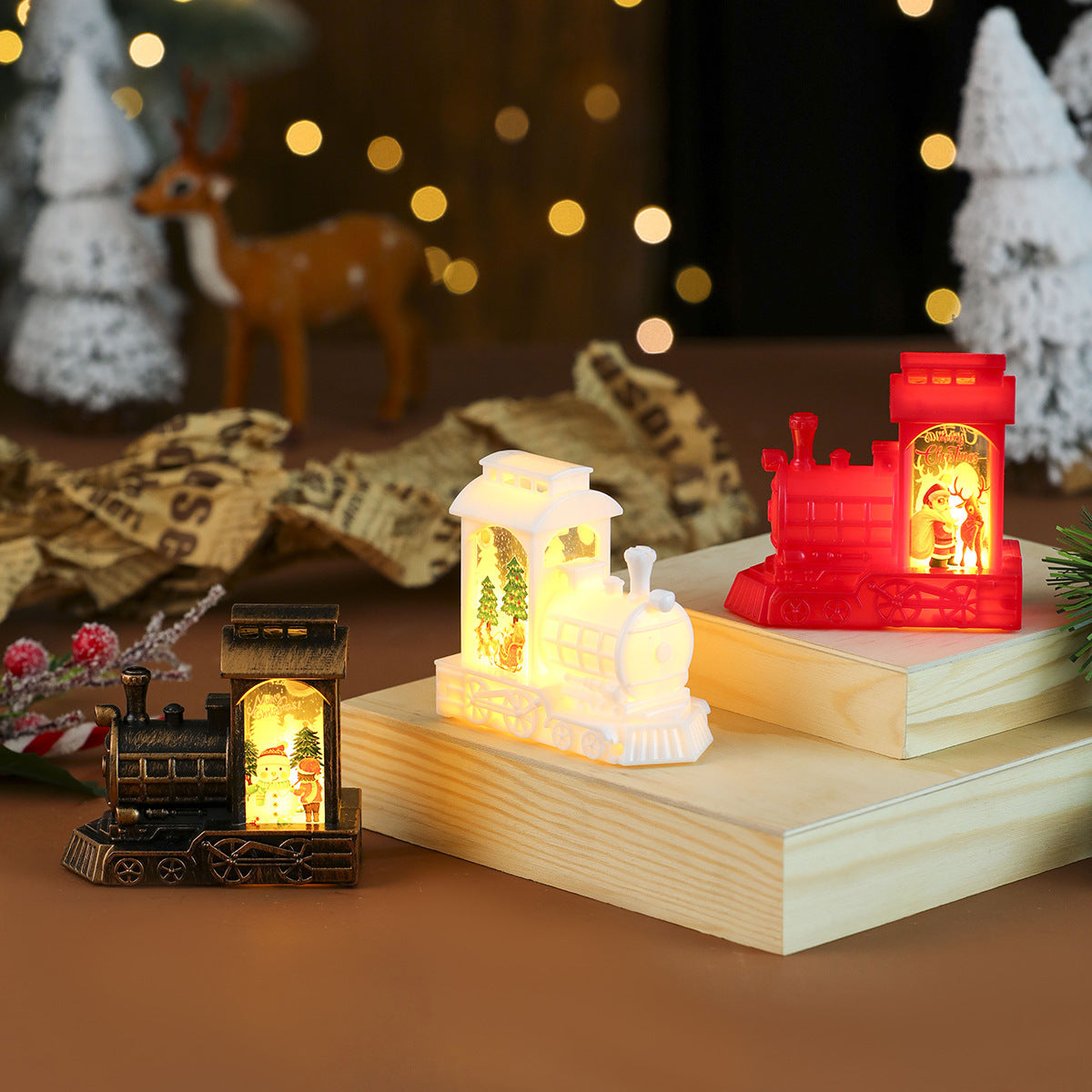 Light Up Christmas Train Ornament with LED Santa Scene