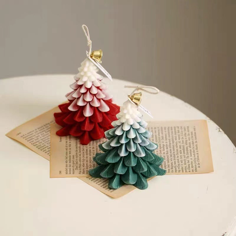 Handmade Layered Christmas Tree Candles with Hanging Bell
