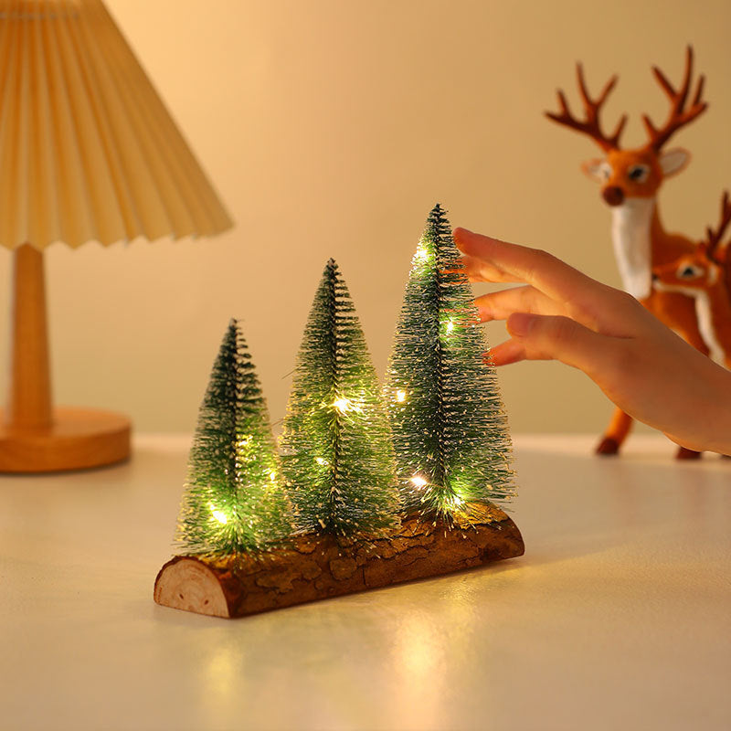 Mini Christmas Tree Decorations Set with LED Lights on Wood Base