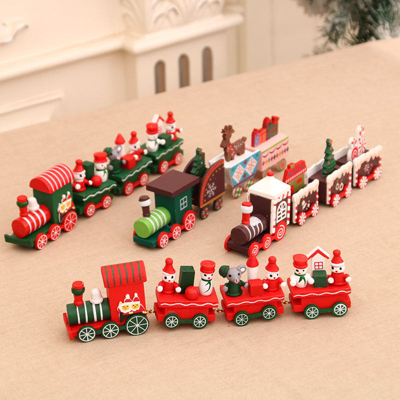 Wooden Train Christmas Ornaments with Candy Cane Detailing | Gift and Tree Motifs on Every Carriage | Four Designs for Table or Mantel